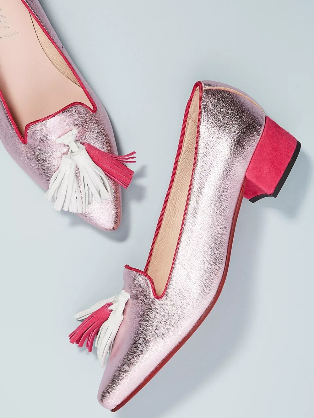 Metallic Pink Tassel Block Heel Loafers